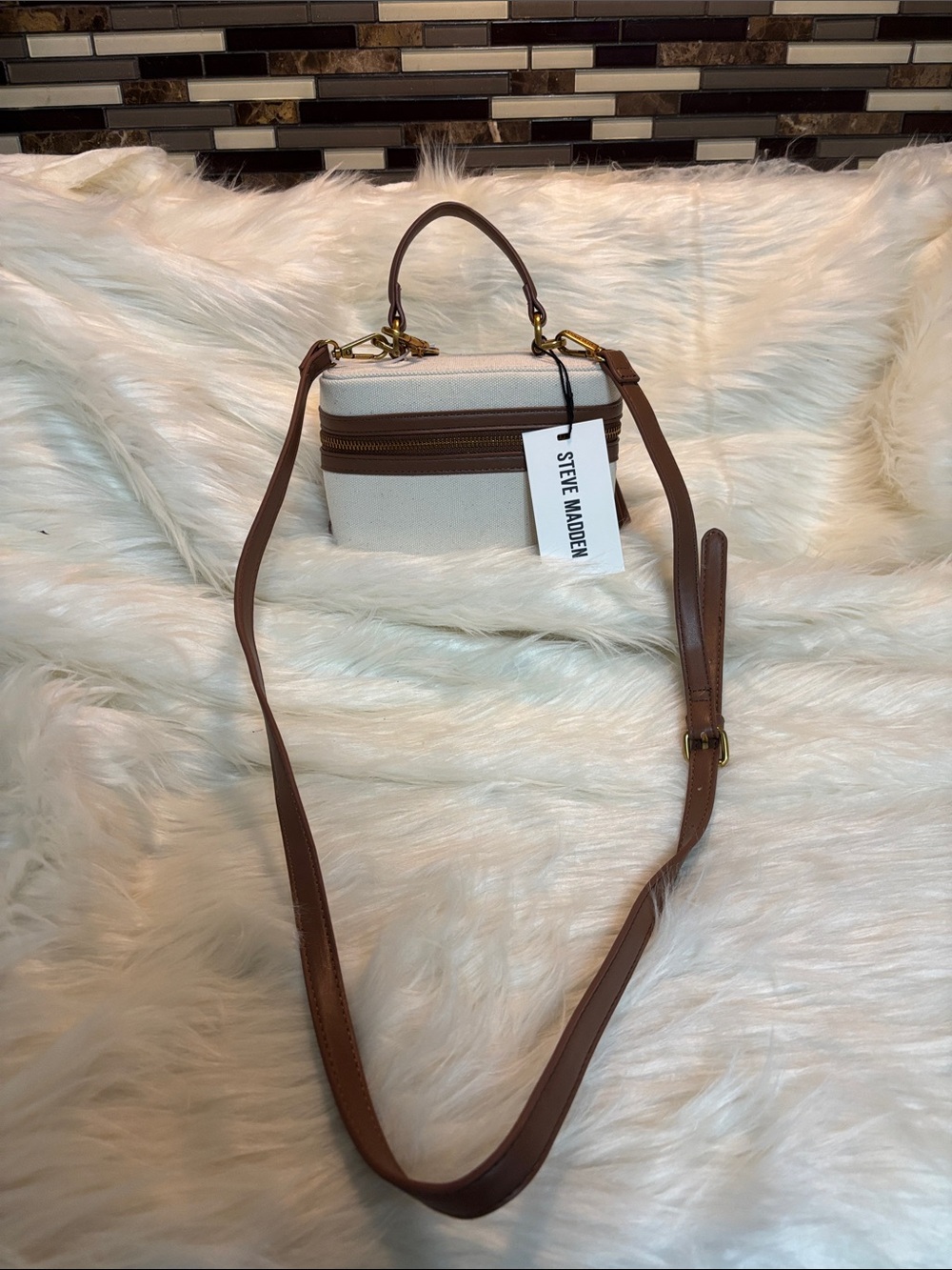 Steve Madden Cream Mini Crossbody with Brown Trim and Adjustable Strap